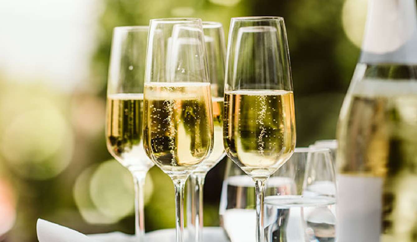 Multiple glasses of prosecco waiting to be served at an event